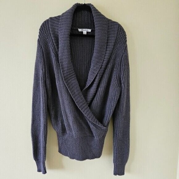 Katherine Barclay Sweater Womens L Gray LS Wrap Front Chunky Ribbed Knit Cottage - Picture 1 of 15
